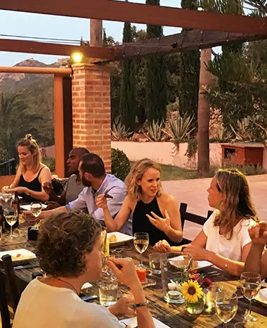 relaxed-adult-dining-with-babysitter hotel child care and free baby monitors mean you can enjoy dinner with other parents